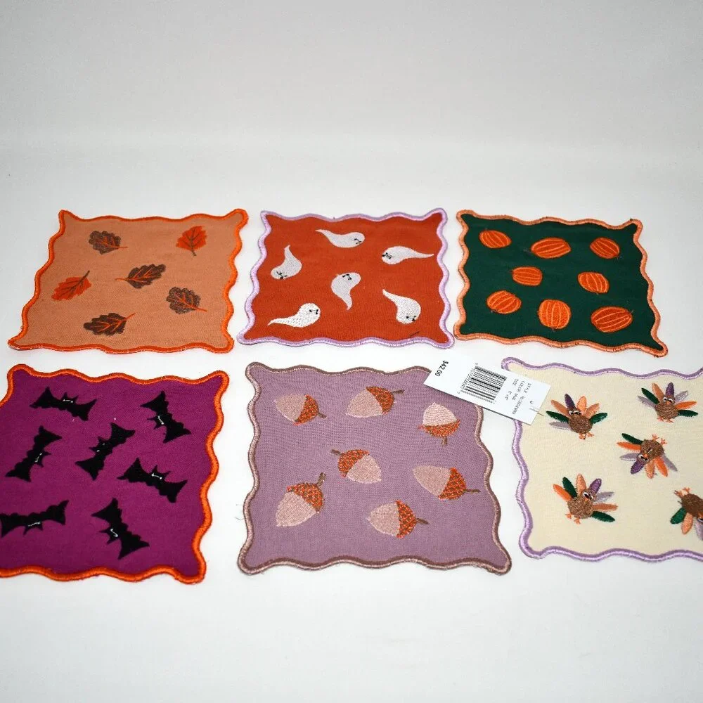 Furbish Fall Embroidered Cocktail Napkin, Set of 6 #CKTL-NAP-1 NWT